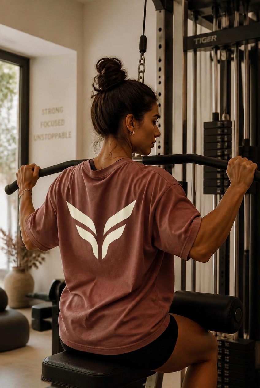 Woman doing a lat pulldown in a Femna Fit oversized tee with the wing logo on her back